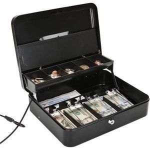 Large Locking Cash Box with Money Tray, Lock Box with Security Cable Metal Box